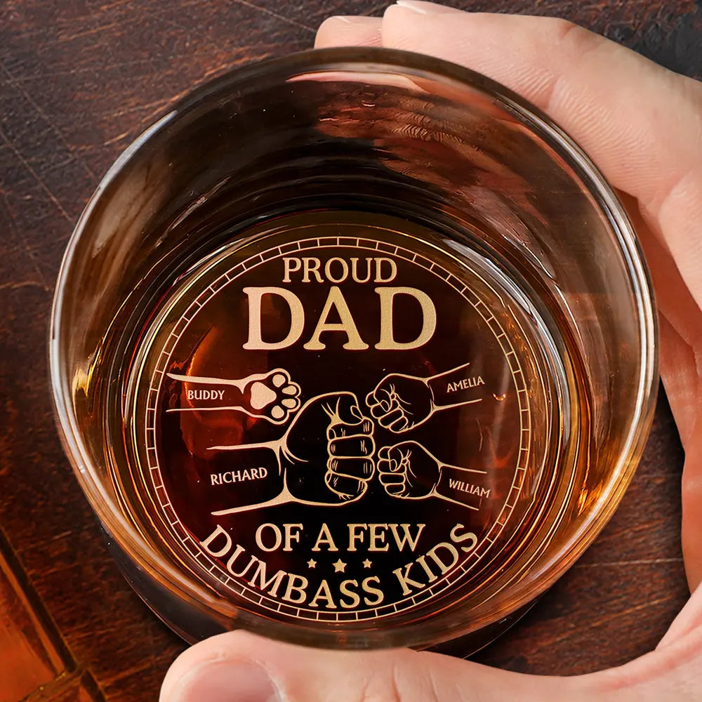 Proud Dad Of A Few Pet And Children Hand Punch - Personalized Engraved Whiskey Glass
