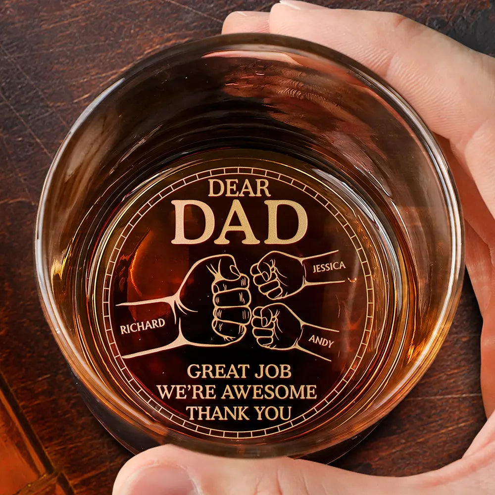 Dear Dad Great Job We're Awesome Thank You Pet And Children Hand Punch - Personalized Engraved Whiskey Glass