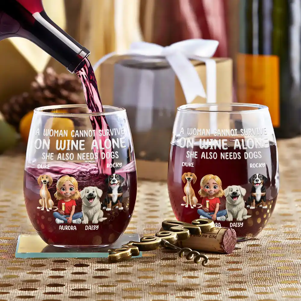 Dog Lovers, Dog Dad, Pet Lovers, Dog Mom - A Woman Cannot Survive On Wine Alone Dog Mom 3D Effect - Personalized Stemless Wine Glass
