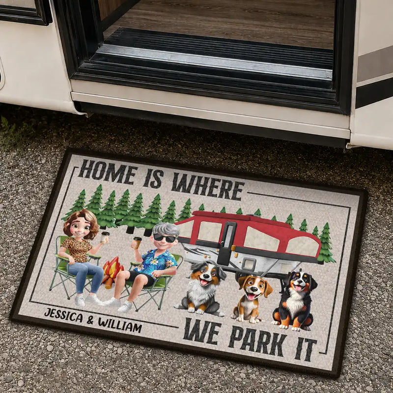 You And Me And The Dogs Camping Cartoon - Personalized Doormat
