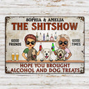 Hope You Brought Alcohol And Dog Treats Chibi Couple Husband Wife - Backyard Sign - Personalized Custom Classic Metal Signs