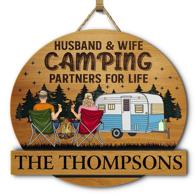 Camping Couple Backside Husband & Wife Camping Partners For Life - Anniversary, Vacation, Funny Gift For Campers - Personalized Custom Shaped Wood Sign