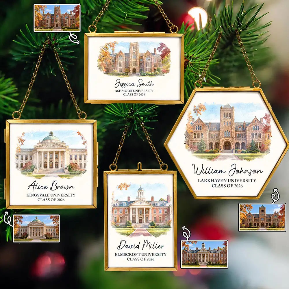 Keepsake Graduation Gift - Personalized Custom Photo Watercolor University Metal Frame Ornament
