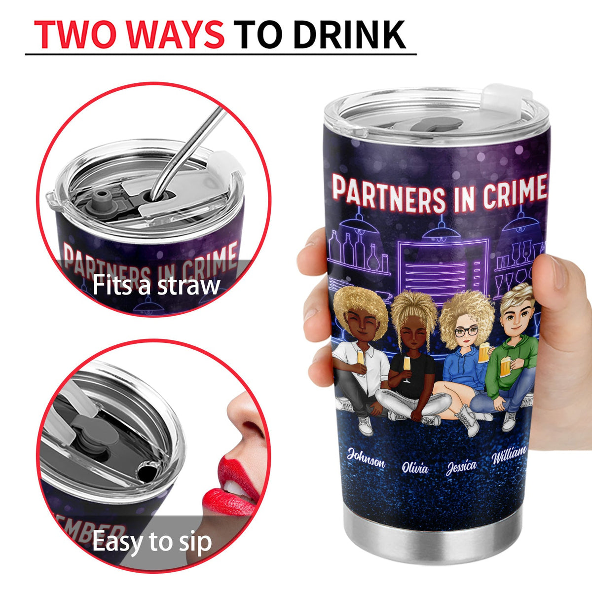 Cartoon Drinking Glitter Partners In Crime - Gift For Besties - Personalized Tumbler