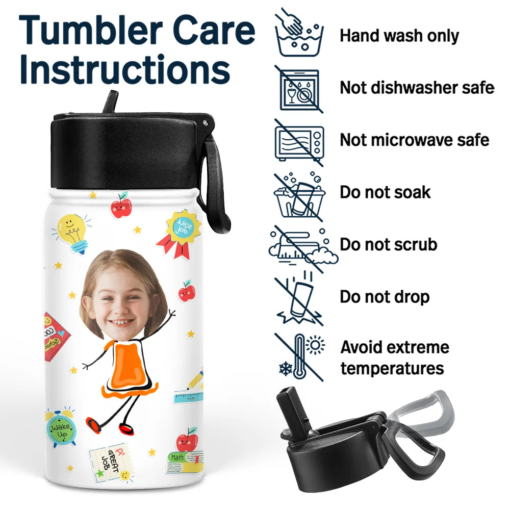 Custom Photo Letter School Kid - Personalized Kids Water Bottle