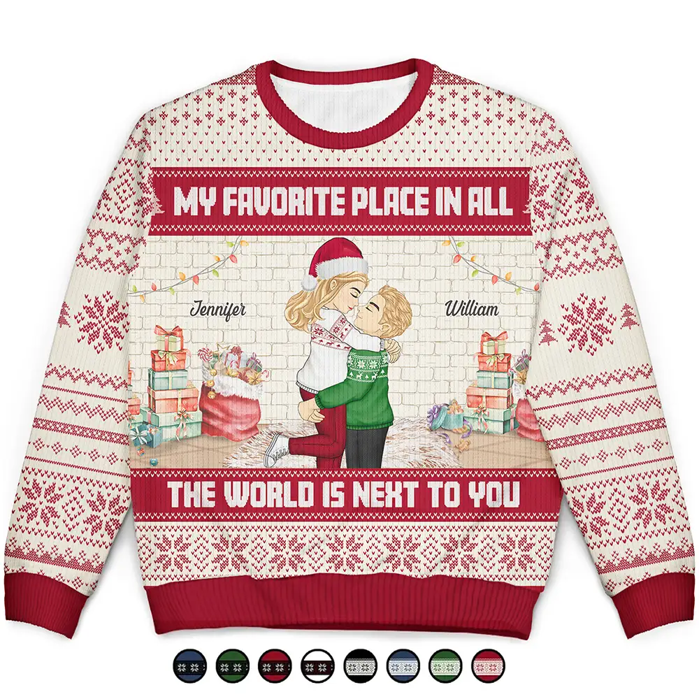 Christmas Couple My Favorite Place In The World - Personalized Unisex Ugly Sweater