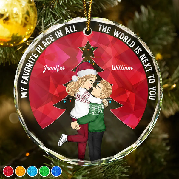 Gift For Couples, Gift For Husband, Gift For Wife, Gift For Boyfriend, Gift For Girlfriend - Christmas Couple Sideview My Favorite Place In All The World - Personalized Glass Ornament