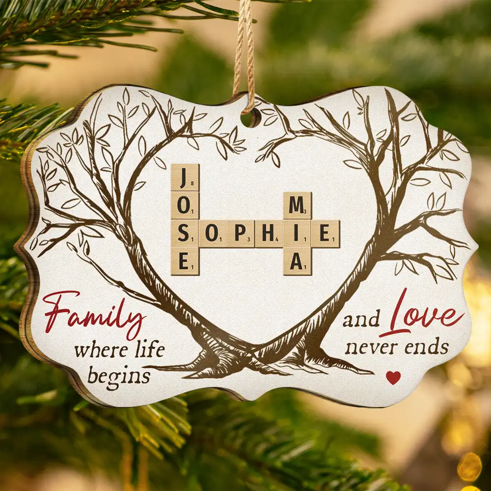 Christmas,Family,Love - Family Where Life Begins And Love Never Ends Crossword Scrabble - Personalized Medallion Wooden Ornament