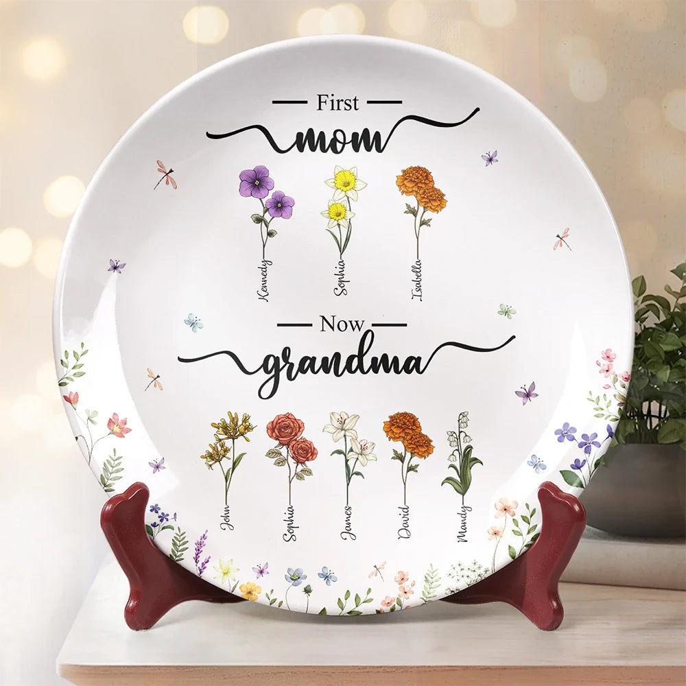 Gift For Grandma, Grandma , Grandkids - First Mom Now Grandma Flower - Personalized Ceramic Plate
