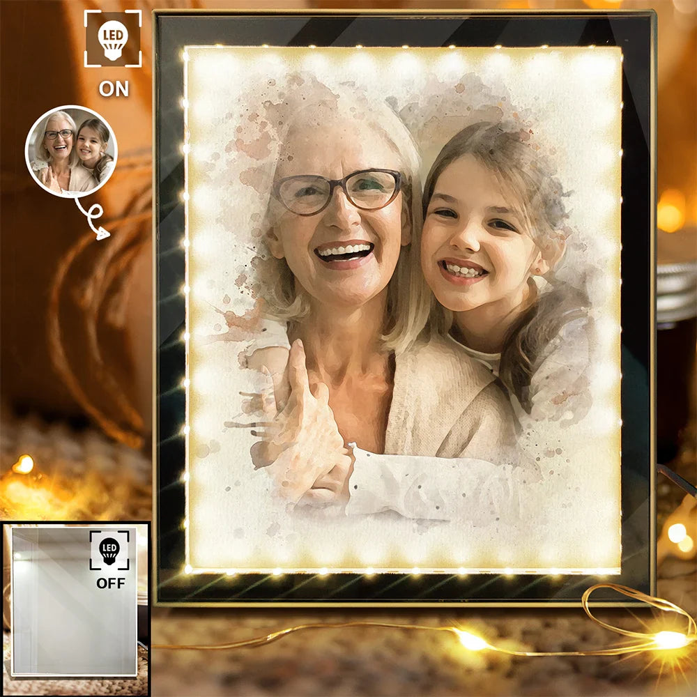 Custom Photo Watercolor Portrait Mom Grandma Family Couple - Personalized LED Mirror Frame Lamp