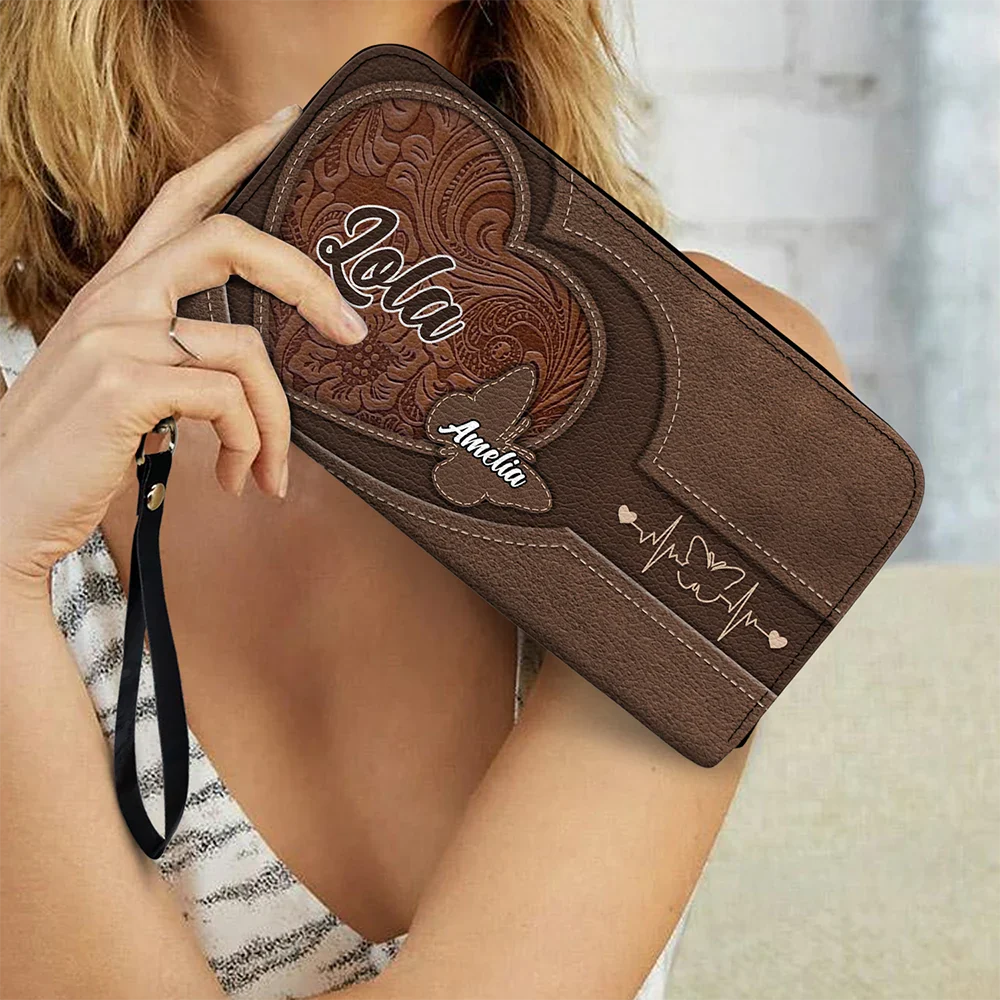 Gift For Mother,Gift For Grandma,Grandma,Grandkids,Mom,Children - Leather Butterfly Heart - Personalized Leather Long Wallet
