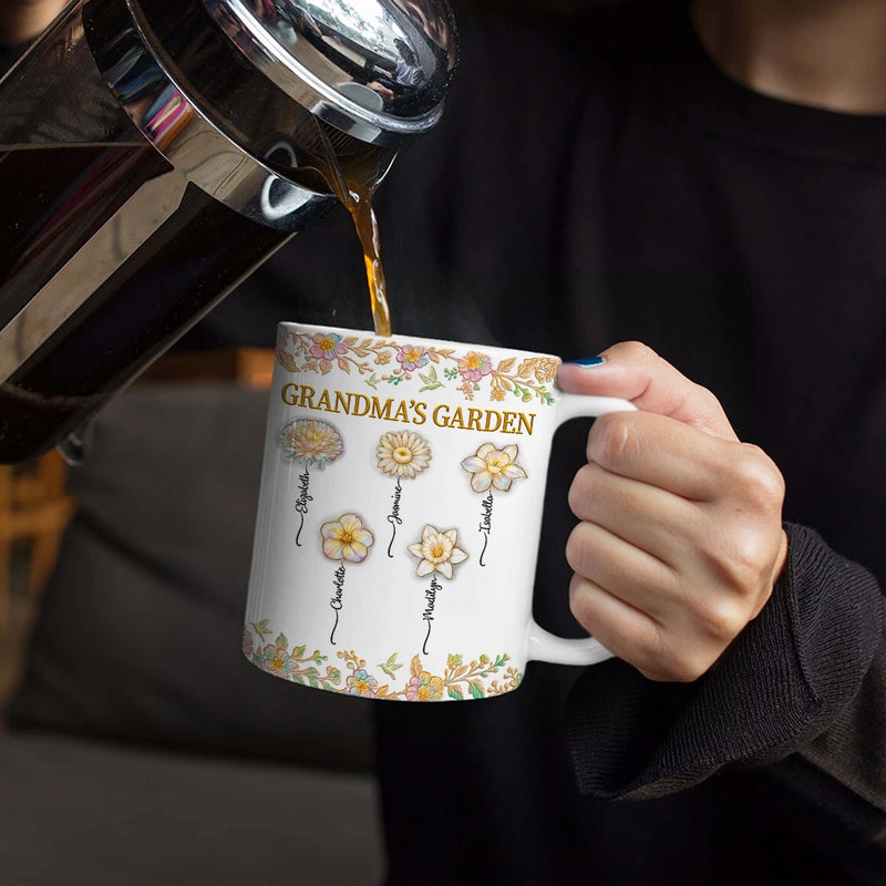 Gift For Grandma,Gift For Wife,Gift For Women,Gift For Mother,Happy - Grandma's Garden Nacre Effect Birth Flower - Personalized White Edge-to-Edge Mug