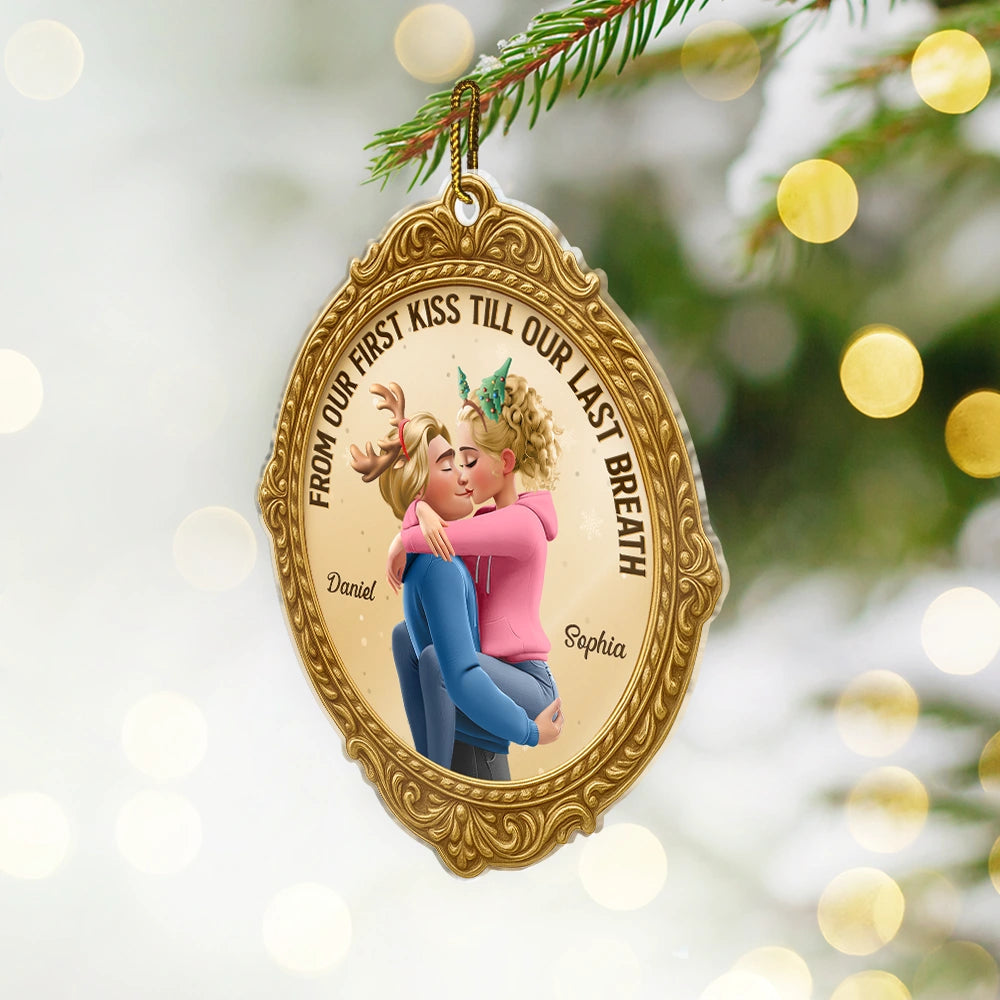 Christmas,Gift For Couples,Gift For Husband,Gift For Wife,Gift For Boyfriend,Gift For Girlfriend,Happy - From Our First Kiss Till Our Last Breath Golden Frame 3D Effect - Personalized Custom Shaped Acrylic Ornament