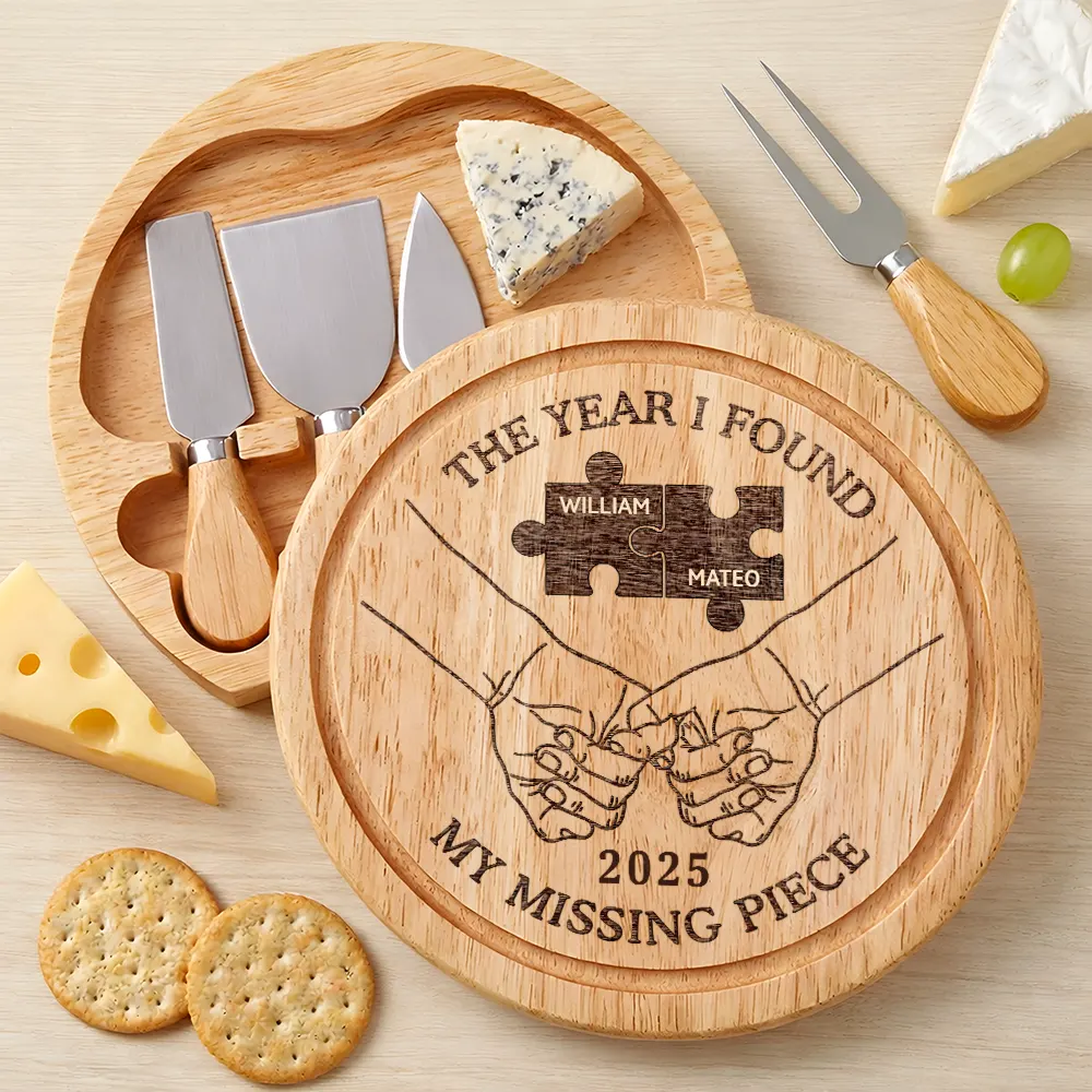 Gift For Couples,Love - The Year I Found My Missing Piece Charcuterie Couple - Personalized Cheese Board Set