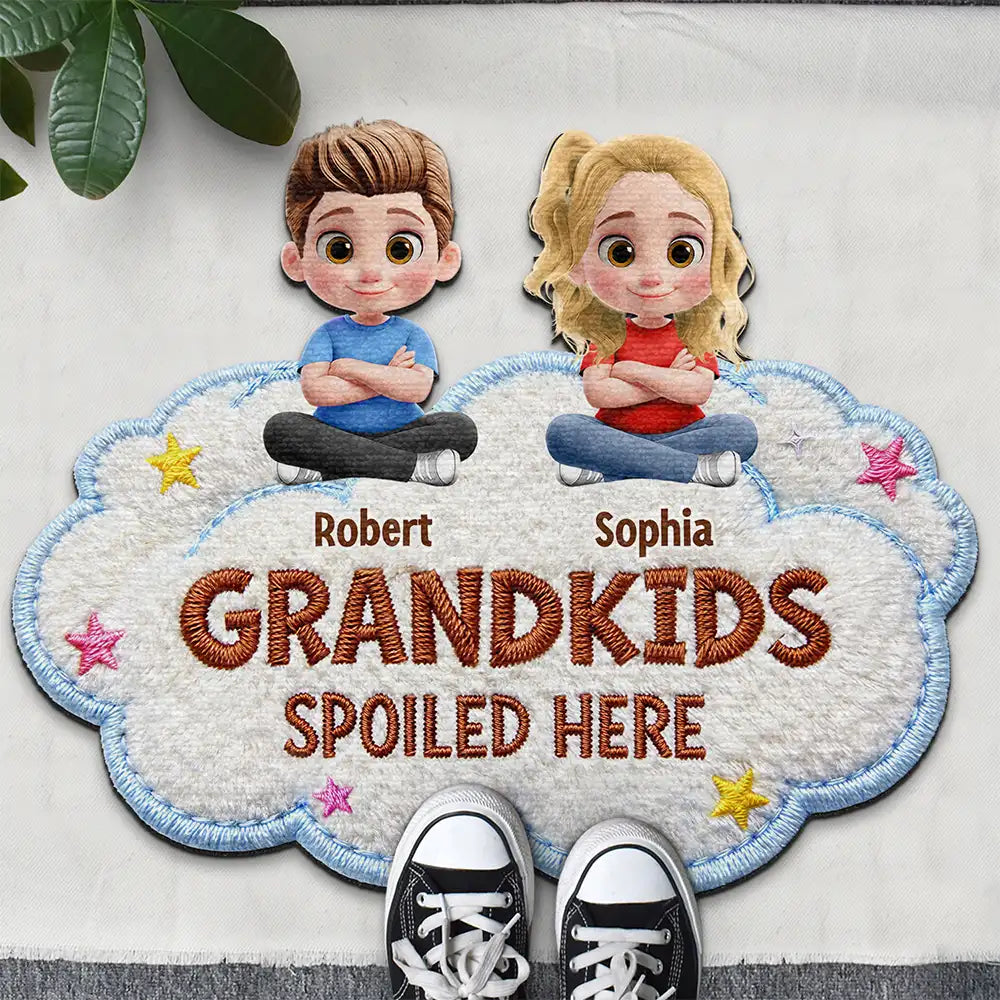 Faux Embroidery Effect Spoiled Grandkids Live Here - Personalized Custom Shaped Doormat