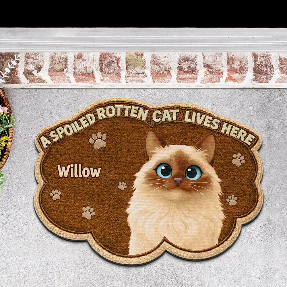 Pet Lovers,Dog Lovers,Cat Lovers,Family,Happy,Top Market - Faux Embroidery Effect Spoiled Rotten Dogs Cats Live Here - Personalized Custom Shaped Doormat