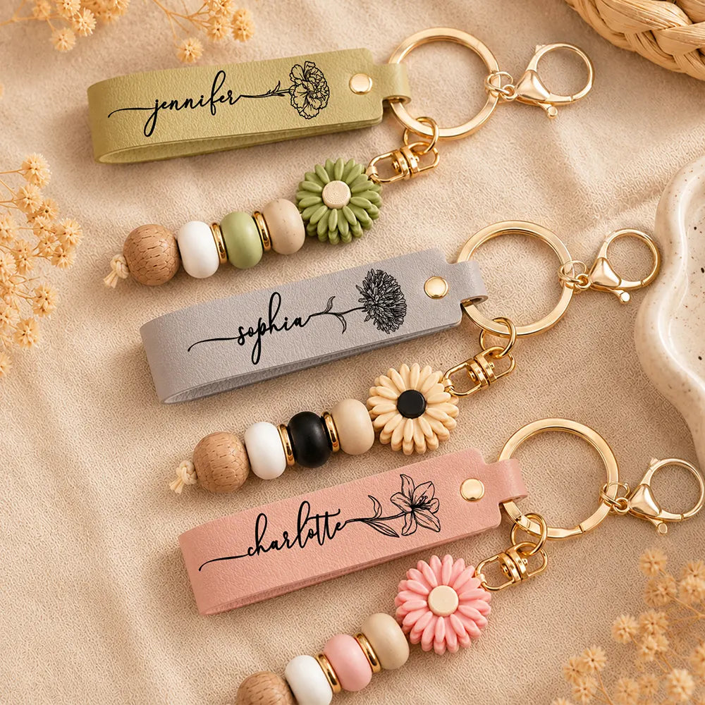 Birth Month Flowers Sketch Bloom Where You're Planted - Personalized Leather Beaded Keychain