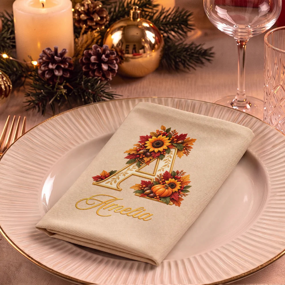 Family,Happy,Icon,Indoor Decor,Thanksgiving - Thanksgiving Table Setting For Family Gathering - Personalized Monogram Reusable Napkin