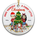 Furry Little Christmas Family With Dog Cat Pet - Gift For Couple - Personalized Custom Circle Ceramic Ornament