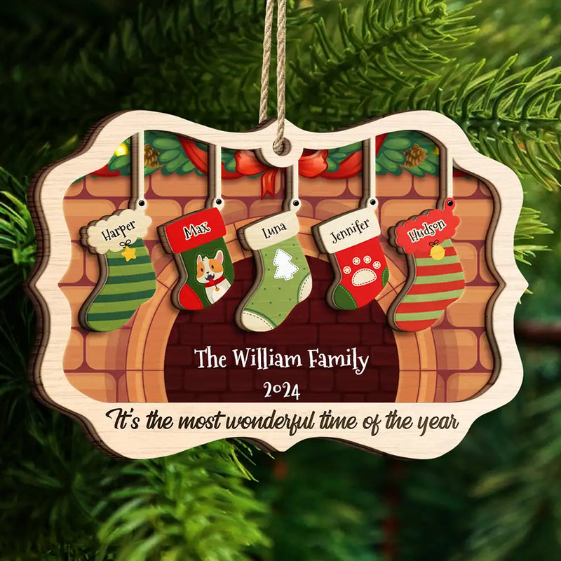 Stockings Hanging The Most Wonderful Time Of Year - Gift For Family - Personalized Custom 2-Layered Wooden Ornament
