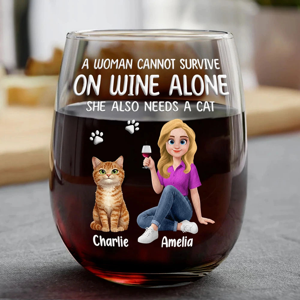 Happy,Gift For Wife,Gift For Women,Pet Lovers,Cat Lovers,Cat Mom,Gift For Mother,Gift For Yourself - A Woman Cannot Survive On Wine Alone Cat Mom Animate - Personalized Stemless Wine Glass