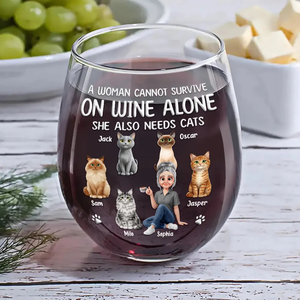 Happy,Gift For Wife,Gift For Women,Pet Lovers,Cat Lovers,Cat Mom,Gift For Mother,Gift For Yourself - A Woman Cannot Survive On Wine Alone Cat Mom Animate - Personalized Stemless Wine Glass