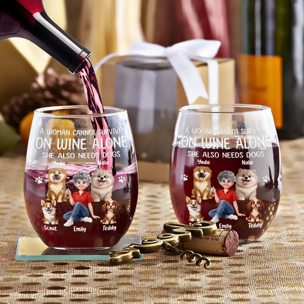 Happy,Gift For Wife,Gift For Women,Dog Mom,Dog Lovers,Pet Lovers,Gift For Mother,Gift For Yourself - A Woman Cannot Survive On Wine Alone Dog Mom Animate - Personalized Stemless Wine Glass
