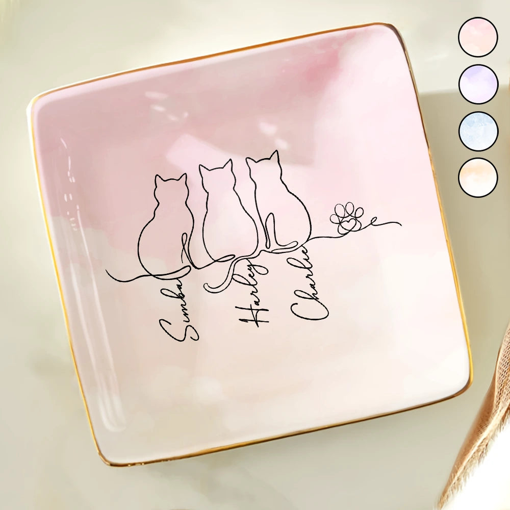 Cat Lovers,Cat Mom,Cat Dad,Pet Lovers,Pet Mom,Pet Dad,Happy - Adorable Cat Line - Personalized Ring Dish
