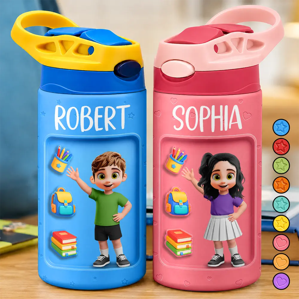 Adorable Kid Getting Ready For School - Personalized Insulated Water Bottle With Straw