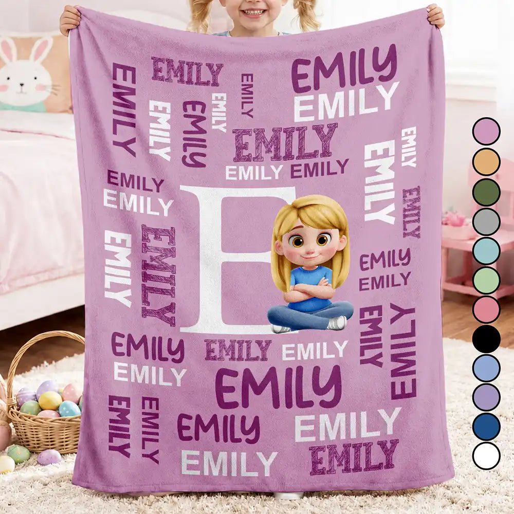 Adorable Kid Sitting With Letter & Name - Personalized Fleece Blanket, Sherpa Blanket