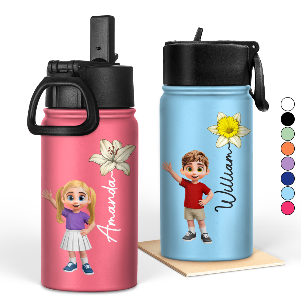 Top Market, Adorable, Back To School, Gift For Kids, Vector - Adorable Kid With Birth Month Flower - Personalized Kids Water Bottle