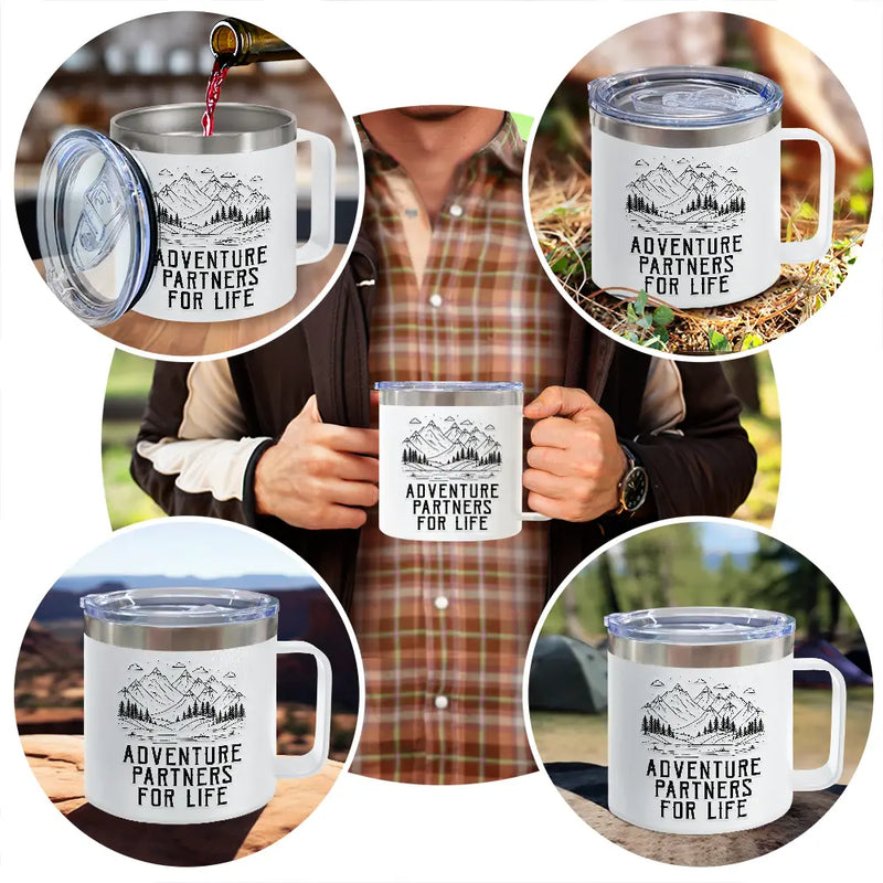 Gift For Couples,Old Couples,Gift For Husband,Gift For Wife,Gift For Boyfriend,Gift For Girlfriend,Happy - Adventure Partners For Life - Personalized 14oz Stainless Steel Tumbler With Handle