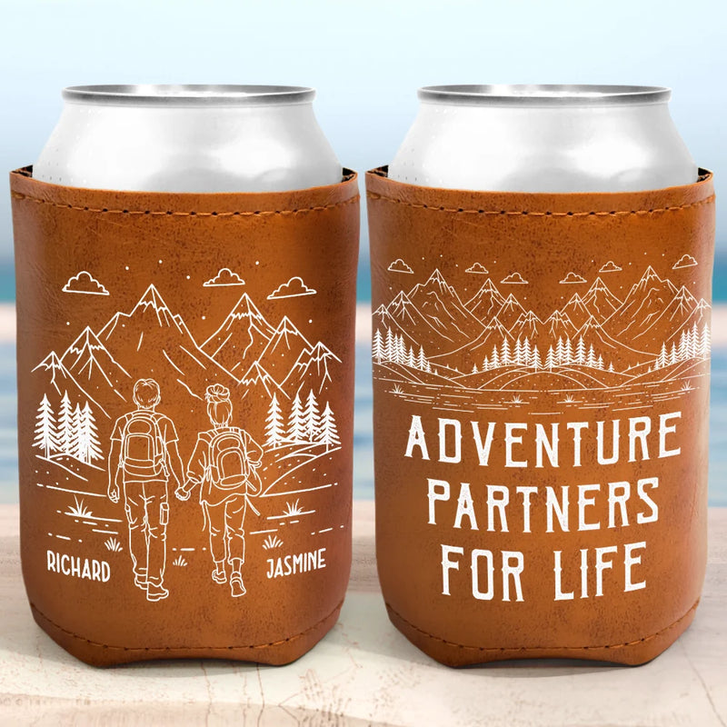 Gift For Couples,Gift For Husband,Old Couples,Gift For Wife,Gift For Boyfriend,Gift For Girlfriend,LGBT,Love - Adventure Partners For Life - Personalized Leather Can Cooler