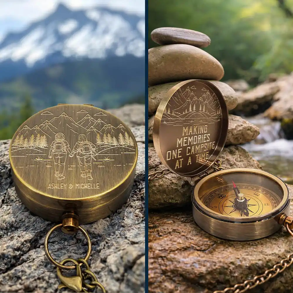 Camping,Campsite,Happy,Gift For Couples,Gift For Husband,Gift For Wife,Gift For Boyfriend,Gift For Girlfriend - Adventure Partners For Life Sketch - Personalized Engraved Brass Compass