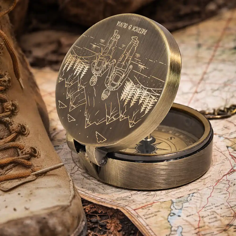 Camping,Campsite,Happy,Gift For Couples,Gift For Husband,Gift For Wife,Gift For Boyfriend,Gift For Girlfriend - Adventure Partners For Life Sketch - Personalized Engraved Brass Compass