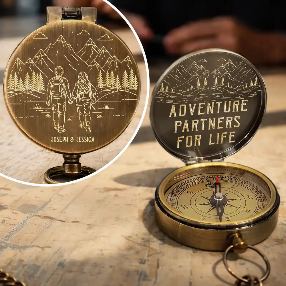 Adventure Partners For Life Sketch - Personalized Engraved Brass Compass