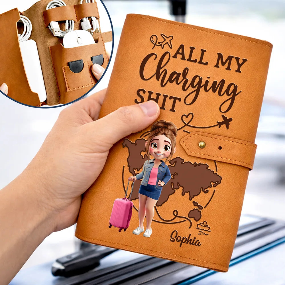 Gift For Women, Gift For Men, Gift For Yourself, Happy, Travel - All My Charging Sh*t - Personalized Leather Cable Bag