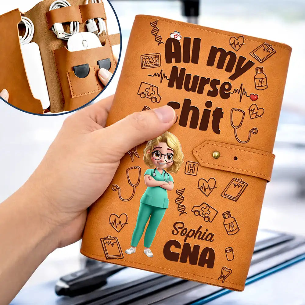 Nurse,Gift For Yourself,Gift For Women,Gift For Men,Happy - All My Nurse Sh*t - Personalized Leather Cable Bag