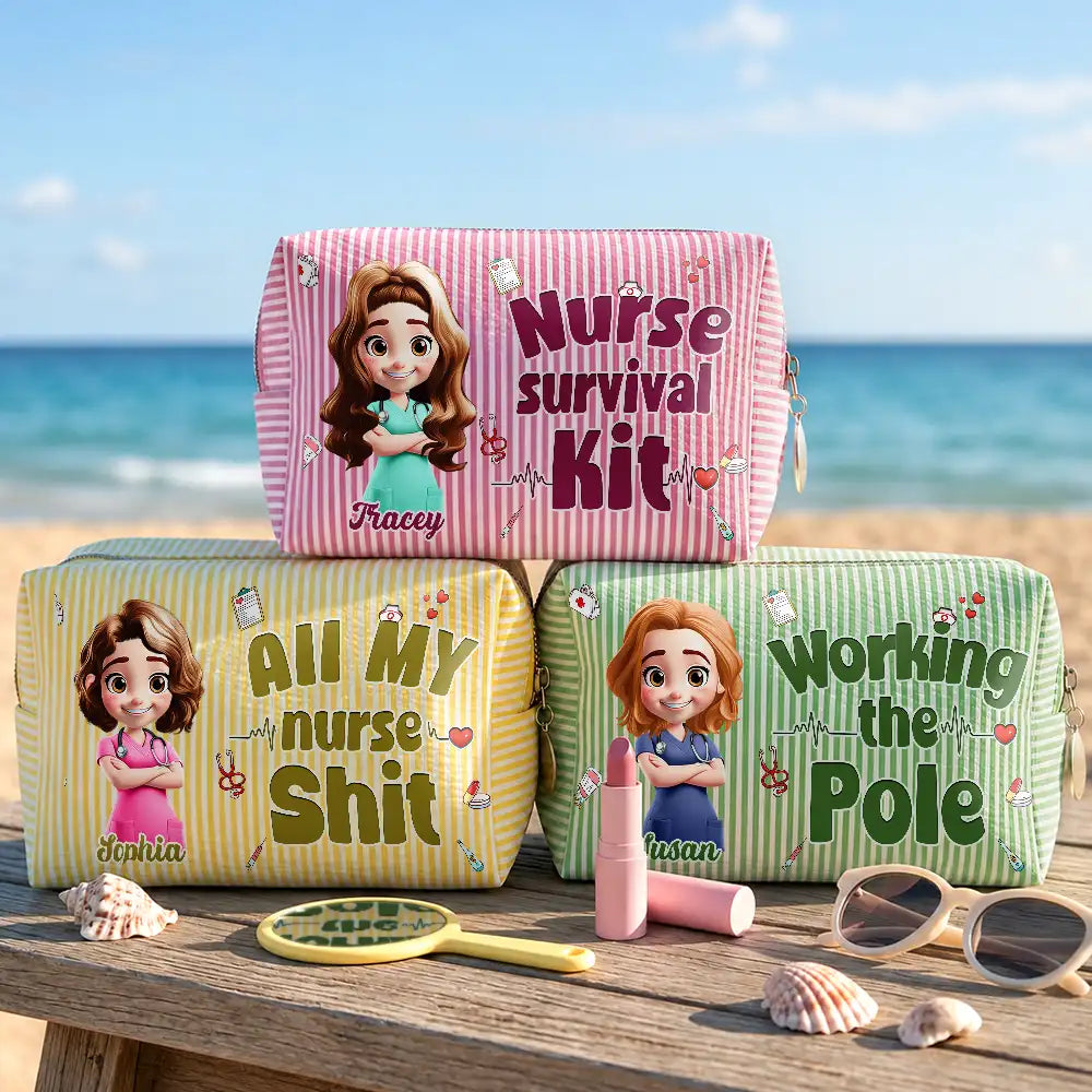 Summer,Nurse,Humorous,Vector - All My Nurse Sh*t Custom Name - Personalized Striped Cosmetic Bag