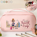 Travel,Gift For Yourself,Gift For Women,Happy - All My Travel Crap - Personalized Leather Makeup Bag