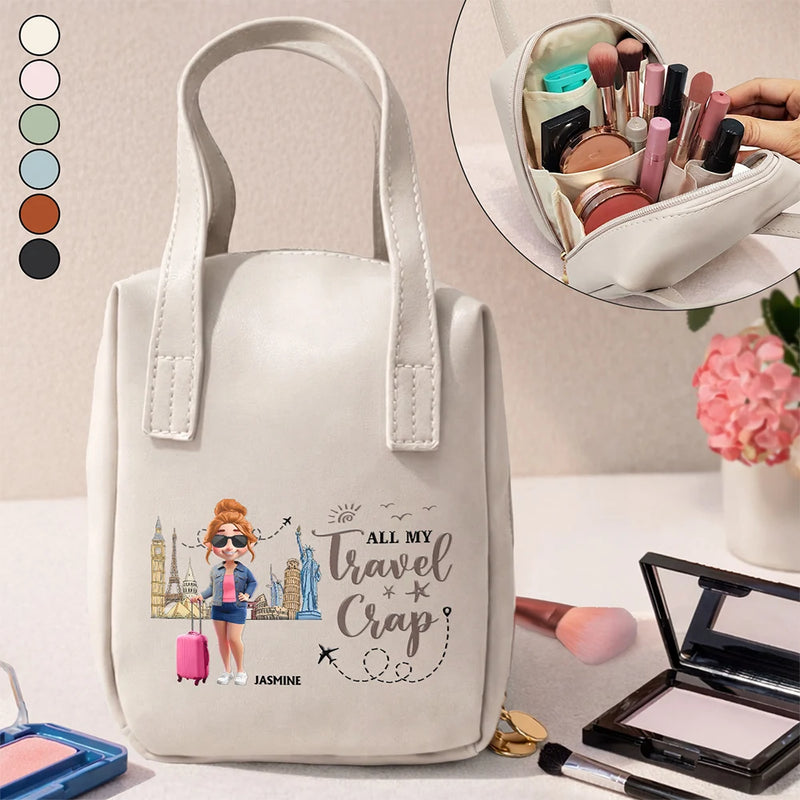 Travel, Gift For Yourself, Gift For Women, Happy - All My Travel Crap - Personalized Leather Makeup Bag With Handle