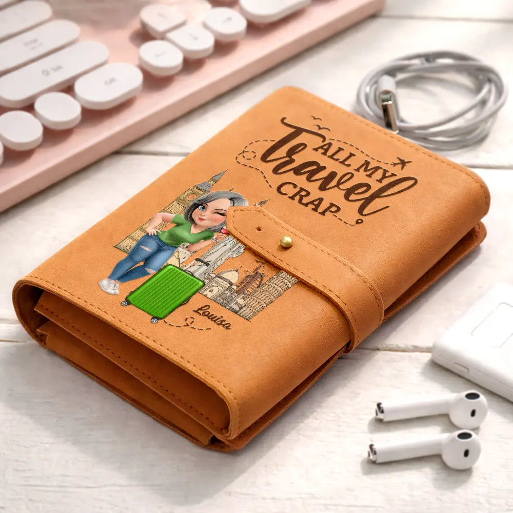 Gift For Yourself,Gift For Women,Gift For Men,Travel,Happy - All My Travel Crap 3D Effect Woman Man - Personalized Leather Cable Bag