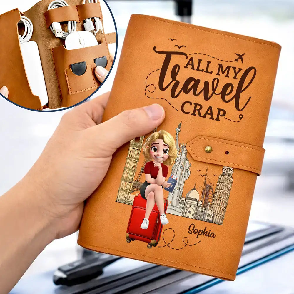 Gift For Yourself,Gift For Women,Gift For Men,Travel,Happy - All My Travel Crap Woman Man - Personalized Leather Cable Bag