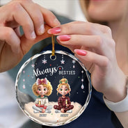 Gift For Bestie, Happy, Christmas - Always Besties 3D Effect - Personalized Circle Glass Ornament