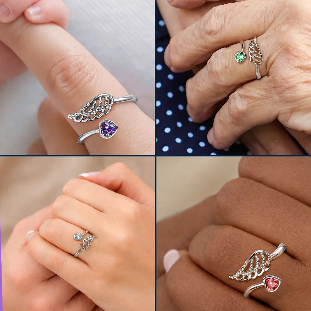 Memorial,Pet Lovers,Pet Mom - Sweetest Hello Hardest Goodbye - Personalized Wing And Heart Birthstone Ring