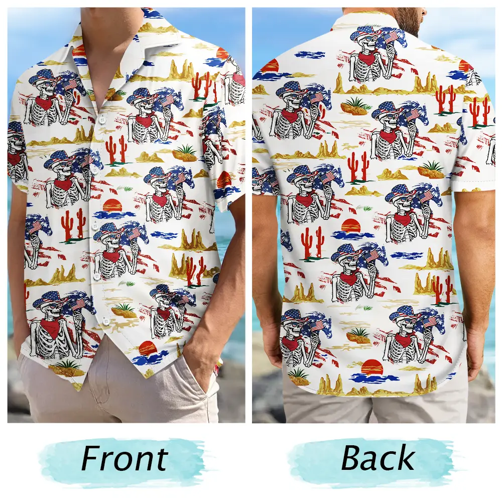 Gift For Yourself,Gift For Women,Gift For Men,Independence Day,America 250th,Happy,No Custom - America 250 Years Cowboy Skeleton Pattern - Hawaiian Shirt