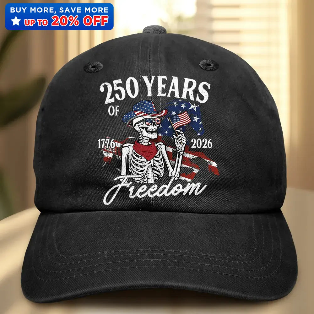 America 250 Years Of Freedom Cowboy Skeleton - Vintage Washed Denim Cap