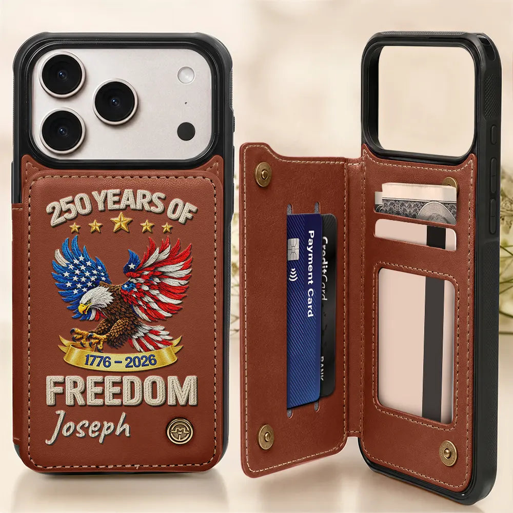 America 250 Years Of Freedom Embroidery Effect Prints - Personalized Leather Flip Wallet Phone Case