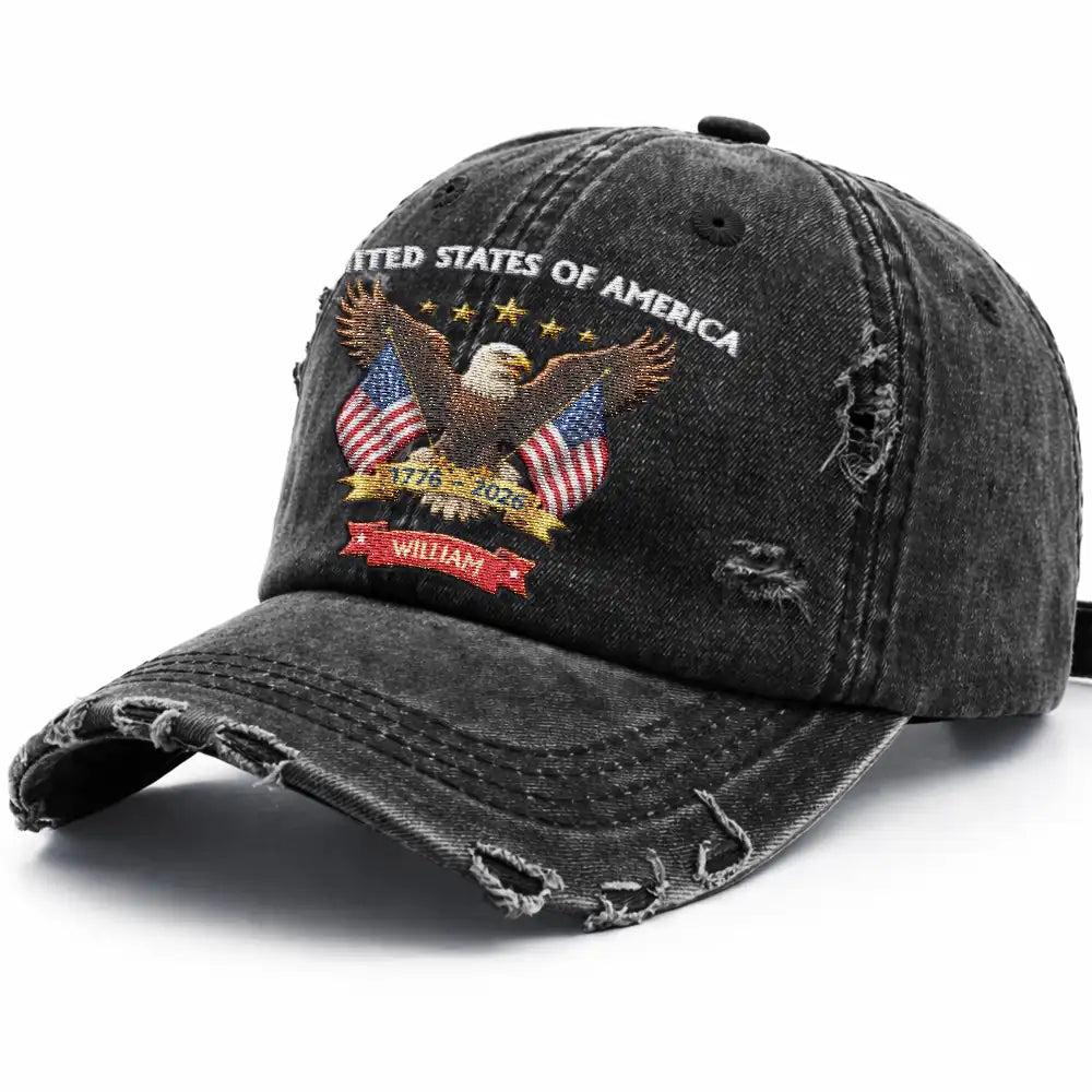 America 250th,Independence Day,Gift For Yourself,Proud,Custom Text - America 250th Anniversary - Personalized Embroidered Distressed Cap
