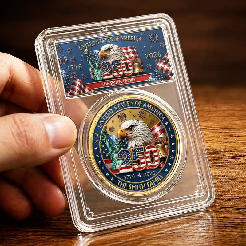 America 250th, Independence Day, Family, Proud, Custom Text - America 250th Anniversary Family Name - Personalized Commemorative Keepsake Coin